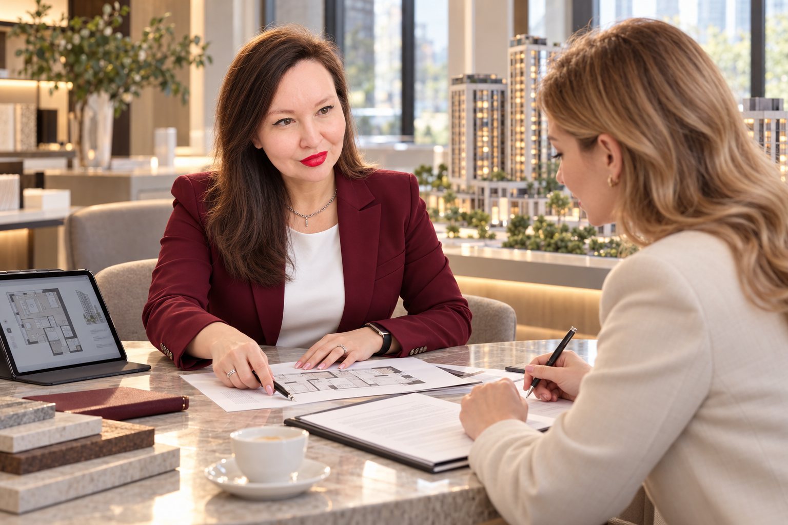 Светлана Миклуха обсуждает с клиентом выбор квартиры в новостройке