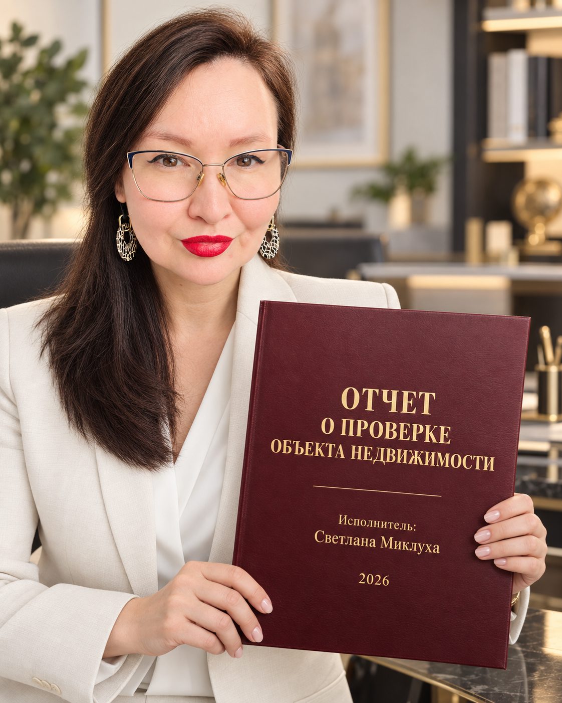 Светлана Миклуха держит папку «Отчёт о проверке объекта недвижимости»